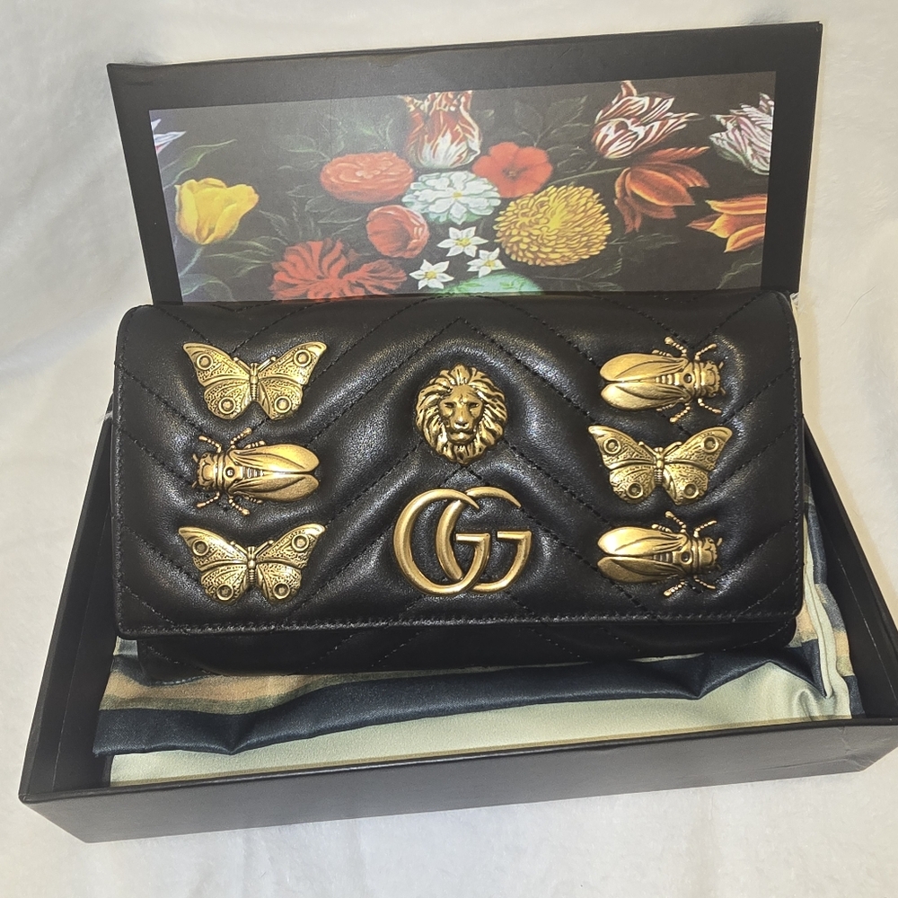 Gucci Black and Gold Wallet with Insect Embellishments